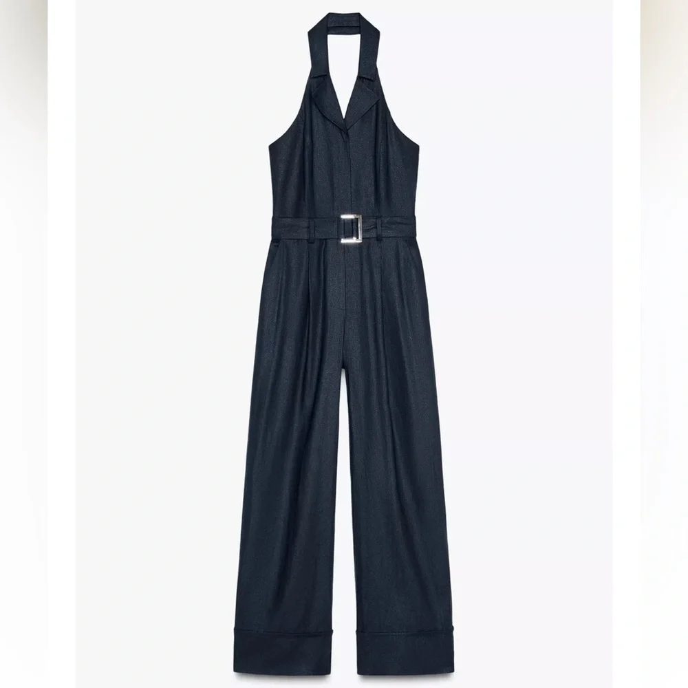 Zara Halter Belted Linen Jumpsuit